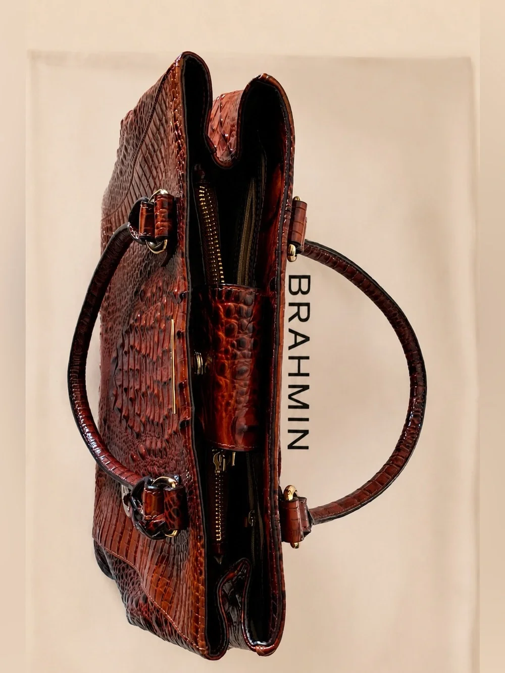 NWT Brahmin Joan Tote Pecan Melbourne Brown Croc Emb Leather Dust Bag Card N4515